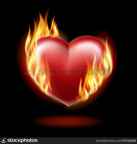 Heart on fire on a black background . EPS10. Mesh.