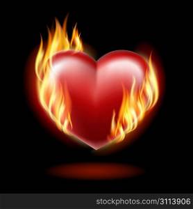 Heart on fire on a black background . EPS10. Mesh.