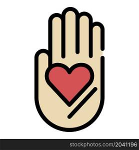 Heart on the palm icon. Outline heart on the palm vector icon color flat isolated. Heart on the palm icon color outline vector