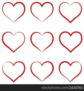 Heart outline red, set, symbol of the friendship and intimacy of Valentines Day love, vector calligraphy hand draw the heart, concept of love