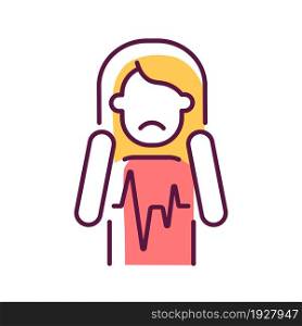 Heart palpitations RGB color icon. Fast beating and fluttering heart. Panic attack and fear symptom. Health problem. Mental disorders. Isolated vector illustration. Simple filled line drawing. Heart palpitations RGB color icon