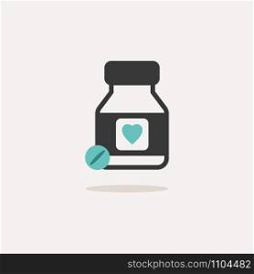 Heart pills. Icon with shadow on a beige background. Pharmacy flat vector illustration