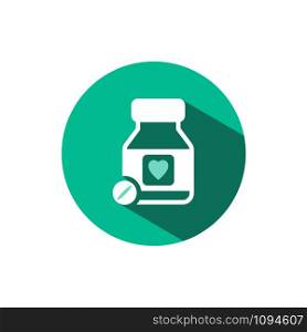 Heart pills icon with shadow on a green circle. Flat color vector pharmacy illustration