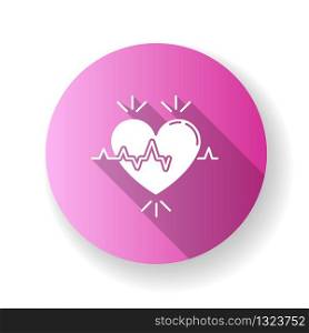 Heart pink flat design long shadow glyph icon. Pulse rate. Heartbeat rhythm. Cardiogram frequency analysis. Vital signs. Cardio health care. Clinic analysis. Silhouette RGB color illustration