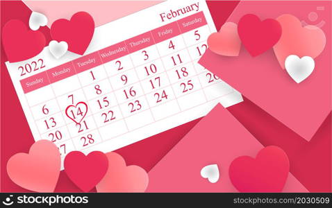 Heart pink With elements space for text. paper cut style, For greeting cards, greeting writing, Valentine&rsquo;s Day with the calendar. heart shape marked on 14th February 2022 for banner, design elements