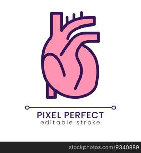 Heart pixel perfect RGB color icon. Human body organ. Cardiac disorders treatment. Healthcare and medicine. Isolated vector illustration. Simple filled line drawing. Editable stroke. Poppins font used. Heart pixel perfect RGB color icon