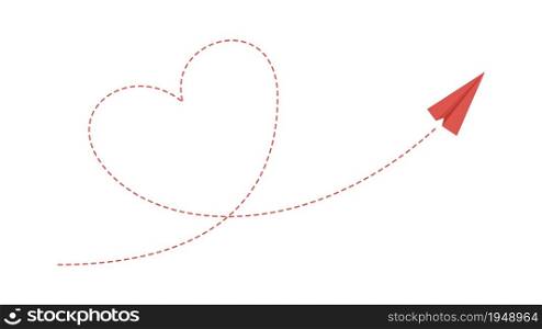 Heart plane path. Love friendship concept, paper airplane flying. Isolated red aircraft takes off vector illustration. Air plane, aviation heart line flight route. Heart plane path. Love friendship concept, paper airplane flying. Isolated red aircraft takes off vector illustration