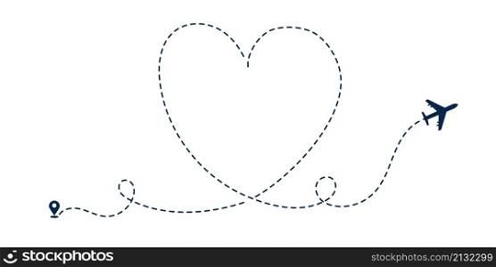 Heart plane route. Airplane path, dotted lined flight track. Love and romantic concept, aircraft silhouette. Decorative sky way, recent vector concept. Illustration of plane path trip, fly airplane. Heart plane route. Airplane path, dotted lined flight track. Love and romantic concept, aircraft silhouette. Decorative sky way, recent vector concept
