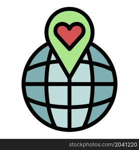 Heart point on the globe icon. Outline heart point on the globe vector icon color flat isolated. Heart point on the globe icon color outline vector