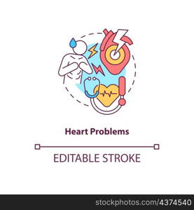 Heart problems concept icon. Cardiovascular system disease. Chest pain abstract idea thin line illustration. Isolated outline drawing. Editable stroke. Roboto-Medium, Myriad Pro-Bold fonts used. Heart problems concept icon