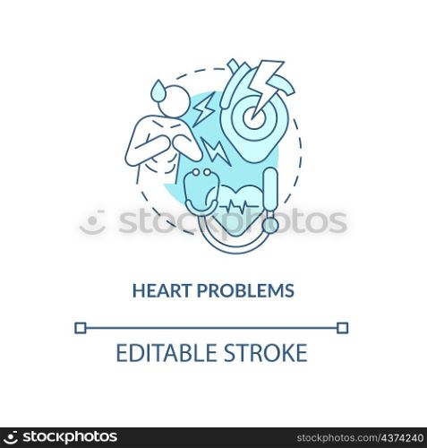 Heart problems turquoise concept icon. Cardio system disorder. Chest ache abstract idea thin line illustration. Isolated outline drawing. Editable stroke. Roboto-Medium, Myriad Pro-Bold fonts used. Heart problems turquoise concept icon