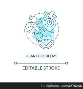 Heart problems turquoise concept icon. Cardio system disorder. Chest ache abstract idea thin line illustration. Isolated outline drawing. Editable stroke. Roboto-Medium, Myriad Pro-Bold fonts used. Heart problems turquoise concept icon