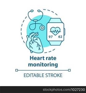 Heart rate control gadget concept icon. Cardiological health monitoring idea thin line illustration. Stethoscope, smartwatch for heartbeat check. Vector isolated outline drawing. Editable stroke. Heart rate control gadget concept icon. Cardiological health monitoring idea thin line illustration. Stethoscope, smartwatch for heartbeat check. Vector isolated outline drawing. Editable stroke