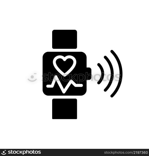 Heart rate monitoring black glyph icon. Pulse control on smart watch app. Internet of Things. Smart appliance tech. Silhouette symbol on white space. Solid pictogram. Vector isolated illustration. Heart rate monitoring black glyph icon