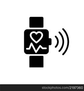 Heart rate monitoring black glyph icon. Pulse control on smart watch app. Internet of Things. Smart appliance tech. Silhouette symbol on white space. Solid pictogram. Vector isolated illustration. Heart rate monitoring black glyph icon