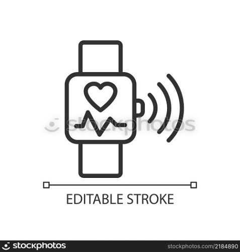 Heart rate monitoring pixel perfect linear icon. Pulse control on smart watch app. Internet of Things. Thin line illustration. Contour symbol. Vector outline drawing. Editable stroke. Arial font used. Heart rate monitoring pixel perfect linear icon