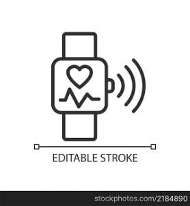 Heart rate monitoring pixel perfect linear icon. Pulse control on smart watch app. Internet of Things. Thin line illustration. Contour symbol. Vector outline drawing. Editable stroke. Arial font used. Heart rate monitoring pixel perfect linear icon