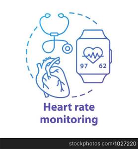Heart rate monitoring tools concept icon. Cardiological health control idea thin line illustration. Stethoscope, smartwatch with pulse check option. Vector isolated outline drawing. Editable stroke. Heart rate monitoring tools concept icon. Cardiological health control idea thin line illustration. Stethoscope, smartwatch with pulse check option. Vector isolated outline drawing. Editable stroke