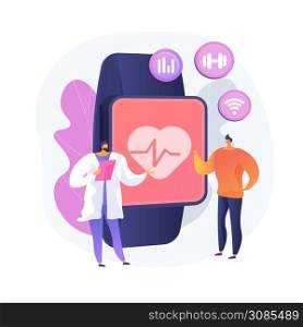 Heart rate on smartwatch. Portable pulse tracker. Wrist clock, watch with touchscreen, healthcare app. Fitness assistant. Gadget for workout. Vector isolated concept metaphor illustration.. Heart rate on smartwatch vector concept metaphor