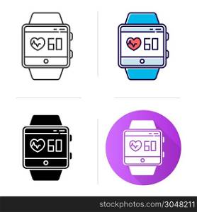 Heart rate tracking smartwatch function icon. Indicators of health. Measurement of heart beats. Fitness wristband wellness service. Flat design, linear and color styles. Isolated vector illustrations