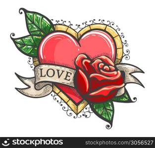 Heart, rose flowers, ribbon and word Love, classic old school tattoo on a white background. Vector Illustration