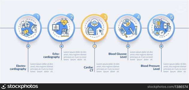 Heart screening vector infographic template. Blood pressure monitoring presentation design elements. Data visualization with 5 steps. Process timeline chart. Workflow layout with linear icons. Heart screening vector infographic template