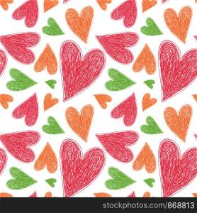 Heart seamless pattern. Vector love illustration. Valentine's Day, Mother's Day, wedding, scrapbook, gift wrapping paper, textiles. Doodle pen sketch. Colorful background