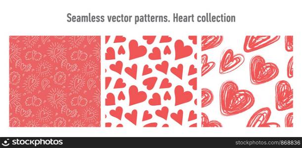 Heart seamless pattern. Vector love illustration. Valentine's Day, Mother's Day, wedding, scrapbook, gift wrapping paper, textiles. Red background. Brush, pencil, chalk
