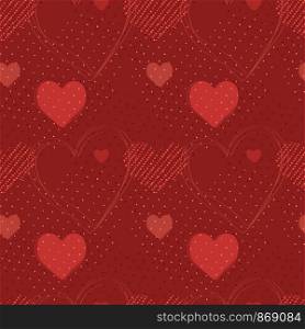Heart seamless pattern. Vector love illustration. Valentine's Day, Mother's Day, wedding, scrapbook, gift wrapping paper, textiles. Doodle sketch. Coral red background