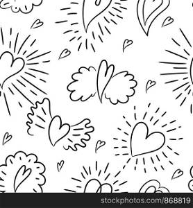 Heart seamless pattern. Vector love illustration. Wings. Valentine's Day, Mother's Day, wedding, scrapbook, gift wrapping paper, textiles. Doodle sketch. Black and white background