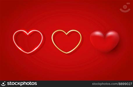 Heart shape, bright heart or neon heart on red background. suitable for happy valentine’s day and mother’s day decoration. Set of hearts vector design.