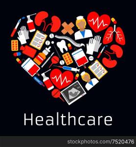 Heart shape emblem with medicine symbols. Vector cardiology medical icon made of health care equimpnet and medications syringe, pills, doctor, dropper, ointment, lungs, stethoscope, vial, spray. Heart shape emblem with medicine symbols