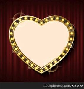 Heart shape frame on background of red curtains. Advertisement border template with spare place for text, lightbulbs and burning lights, signboard mockup. Heart Shape Frame on Background of Red Curtains
