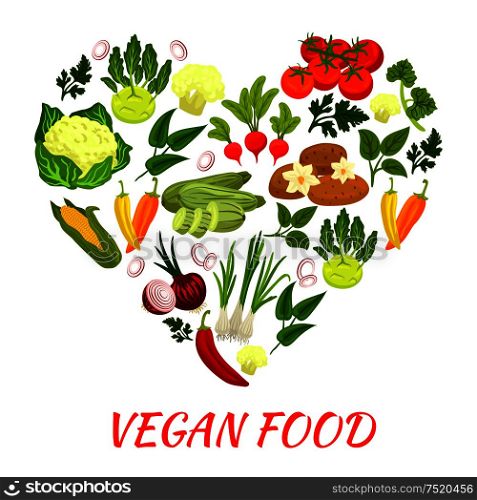 Heart shape icon with vegan vegetables elements of fresh ripe of cauliflower, eggplant, napa cabbage, zucchini, leek, corn, tomato, beet, onion. Vegetarian design decoration. Heart shape icon with vegan vegetables elements