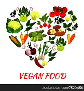 Heart shape icon with vegan vegetables elements of fresh ripe of cauliflower, eggplant, napa cabbage, zucchini, leek, corn, tomato, beet, onion. Vegetarian design decoration. Heart shape icon with vegan vegetables elements