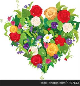 Heart shape is made of beautiful flowers - roses, pansies, bell flowers isolated on white background. Valentines Day card.