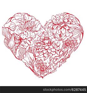 Heart shape is made of hand drawn beautiful flowers, isolated on white background. Element for Valentines Day holiday card.