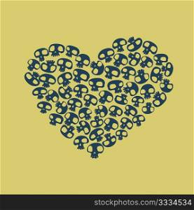 Heart shape made of small funny skulls. Vector illustration