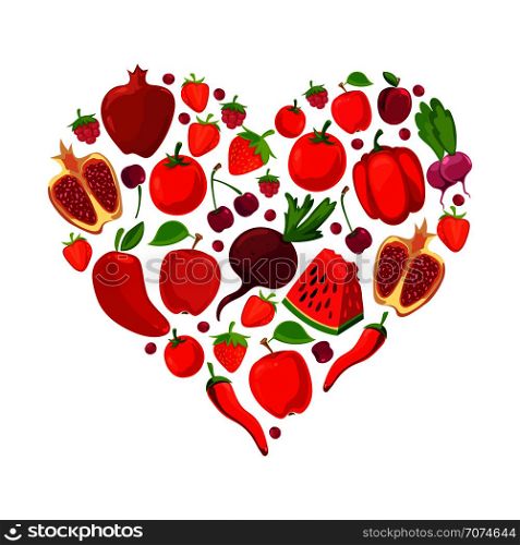 Heart shape of red fruits and vegetables. Healthy nutrition organic vector illustration. Heart shape of red fruits and vegetables