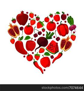 Heart shape of red fruits and vegetables. Healthy nutrition organic vector illustration. Heart shape of red fruits and vegetables