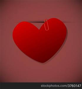Heart shape paper with paperclip, vector illustration