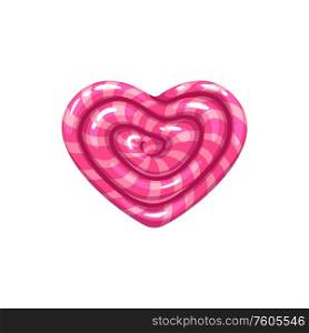 Heart shape striped caramel candy isolated confectionery food. Vector caramel sweets. Pink lollipop isolated heart shape sweet candy