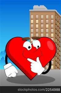 Heart Shape with holding finger front of his mouth as a cartoon character, funny red love holiday illustration.