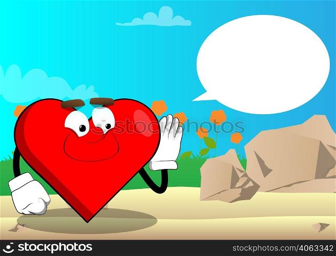 Heart Shape with holds hand at his ear, listening as a cartoon character, funny red love holiday illustration.