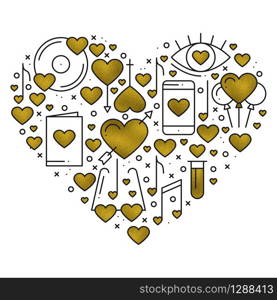 Heart shape with love elements in gold. Heart vector illustration. Love couple, relationship, dating wedding, romantic, amour concept theme. Unique Valentine day print.