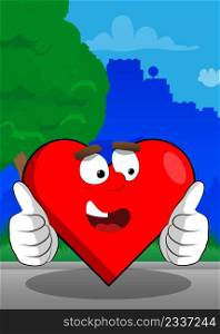 Heart Shape with making thumbs up sign with two hands as a cartoon character, funny red love holiday illustration.