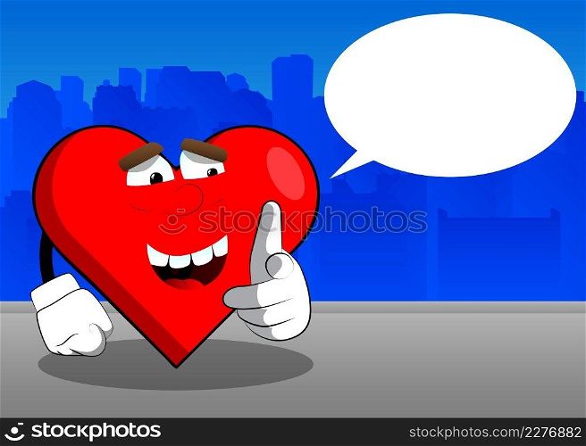 Heart Shape with pointing at the viewer with his hand as a cartoon character, funny red love holiday illustration.