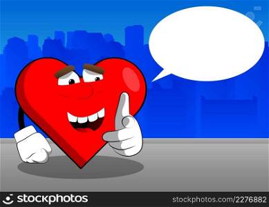 Heart Shape with pointing at the viewer with his hand as a cartoon character, funny red love holiday illustration.