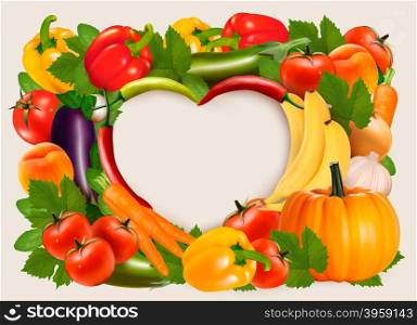 Heart shaped background made of vegetables and fruit. Vector.