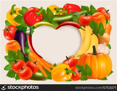 Heart shaped background made of vegetables and fruit. Vector.